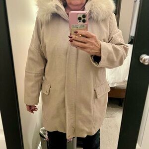 Calvin Klein Light Tan Pea Coat with Faux Fur Collar